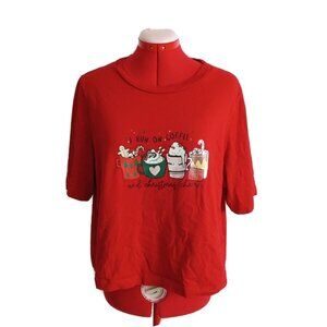 UNITED COLORS Christmas Coffee Crop T-shirt Size XL (16-18) Red Knit Cotton